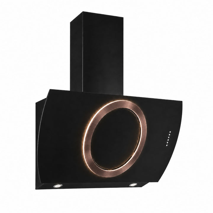 Wall mounted cooker hood with various center ring configurations, gold, copper, gun metal and stainless steel PVD steel finishes. powerful motor and extraction rates, size options 90cm, 100cm and 110cm widths.    