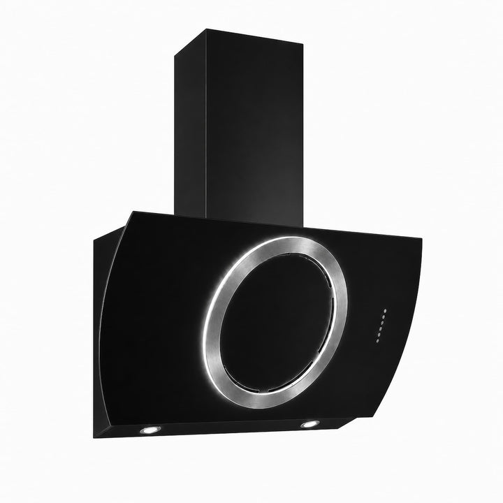 Wall mounted cooker hood with various center ring configurations, gold, copper, gun metal and stainless steel PVD steel finishes. powerful motor and extraction rates, size options 90cm, 100cm and 110cm widths.    