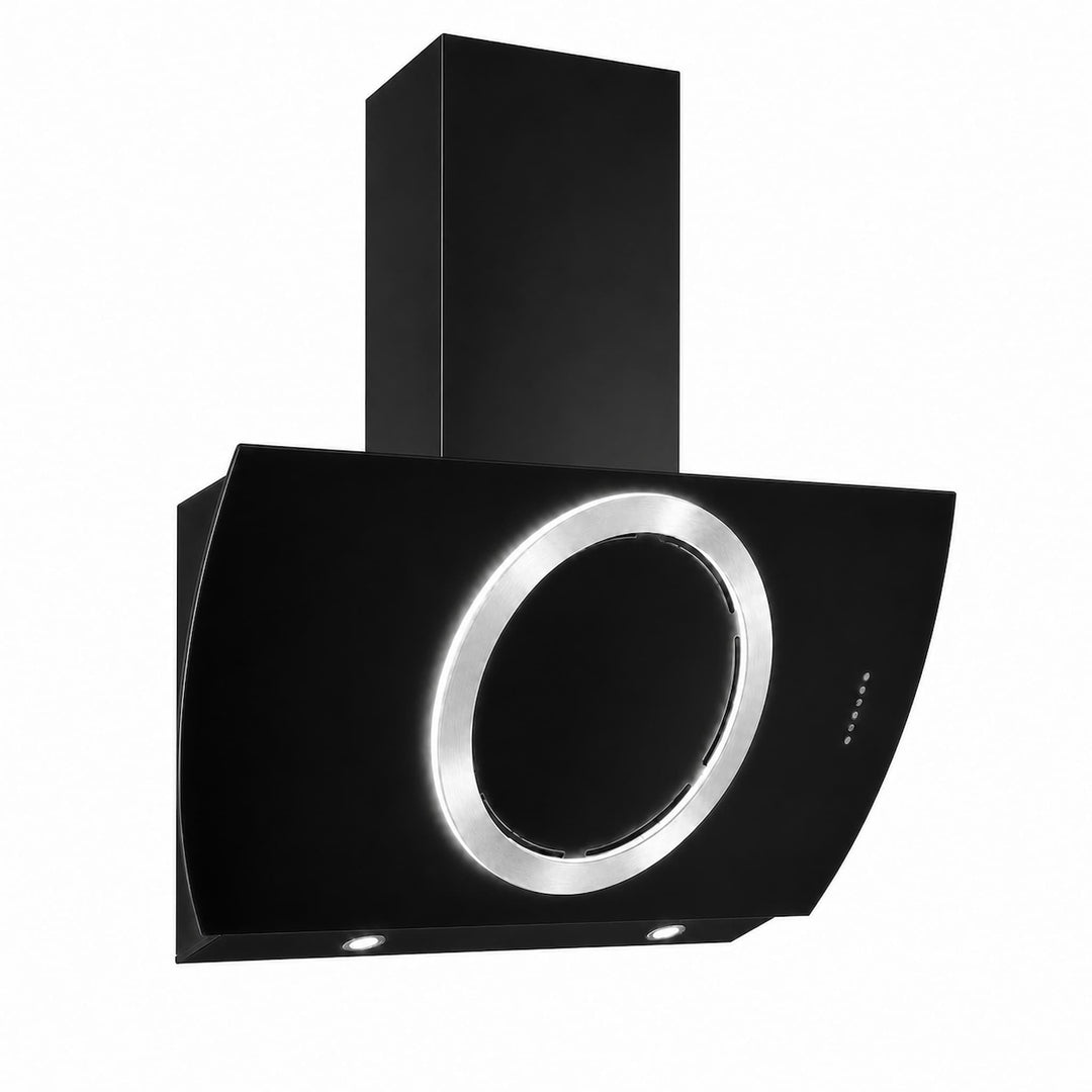 Wall mounted cooker hood with various center ring configurations, gold, copper, gun metal and stainless steel PVD steel finishes. powerful motor and extraction rates, size options 90cm, 100cm and 110cm widths.    