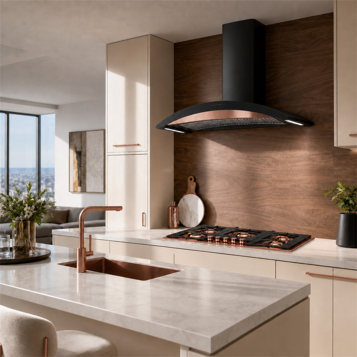 Modern kitchen scene featuring a black curved range hood with a copper interior, matching copper faucet and cookware, cream cabinetry, and a wood-look backsplash.