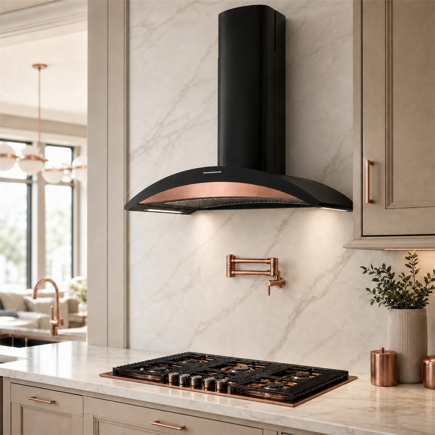 A modern black range hood with a copper-colored inner trim mounted above a gas cooktop in a contemporary kitchen with marble backsplash and copper fixtures.