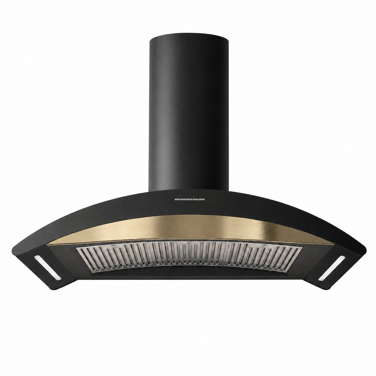 Wall mounted cooker hoods in gold, copper, gun metal and stainless steel tones