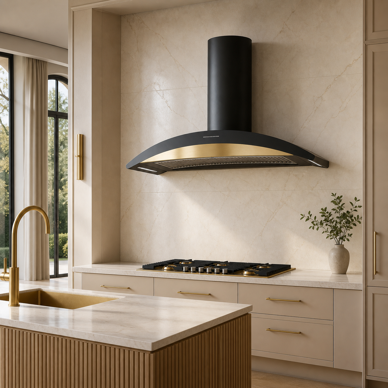 A modern kitchen scene featuring a black range hood with a brushed gold interior trim, mounted on a beige stone backsplash above cream cabinets and a marble countertop.