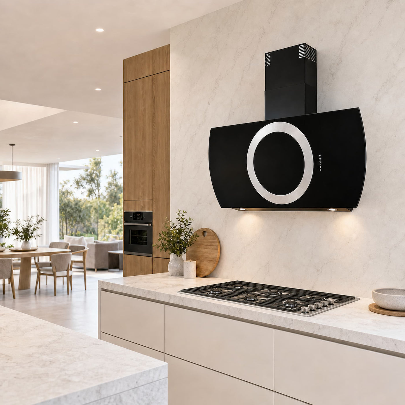 Stainless steel round center ring with surround led lighting to  give that glow of elegance when illuminated, milano 5 burner gas hob in steel with wok burner