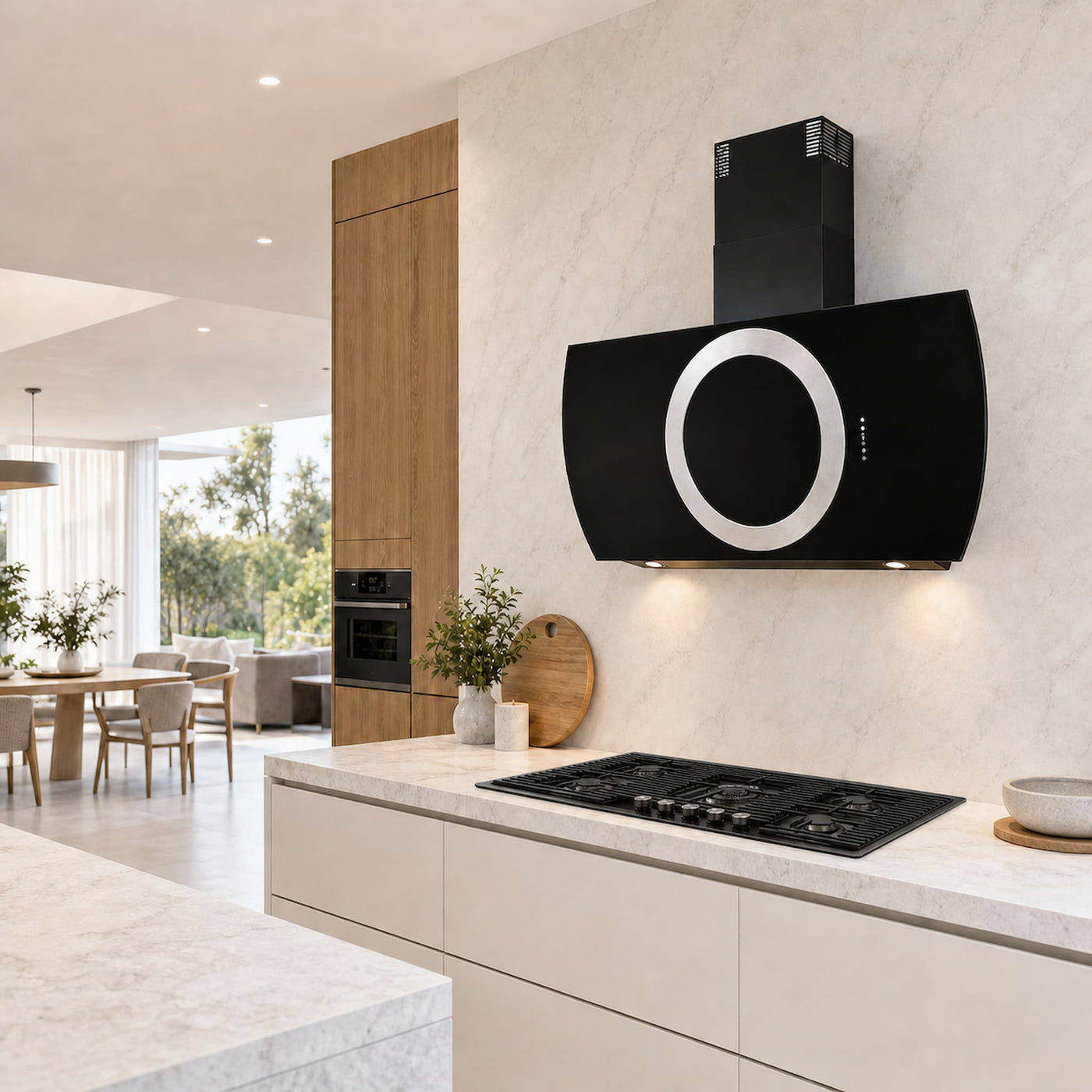Stainless steel round center ring with surround led lighting to  give that glow of elegance when illuminated, milano 5 burner gas hob in gun metal with wok burner