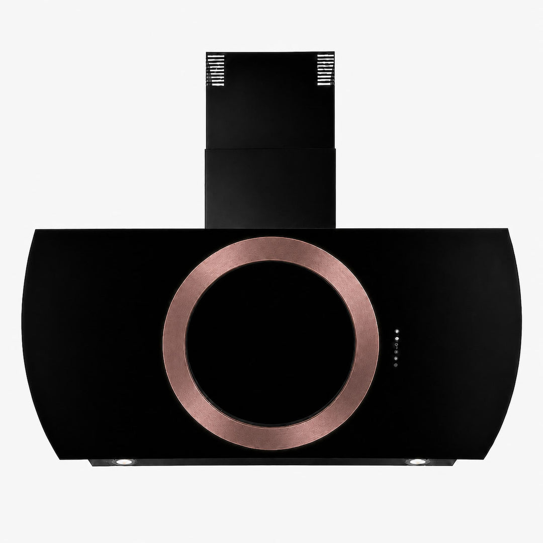 Wall mounted cooker hood with various center ring configurations, gold, copper, gun metal and stainless steel PVD steel finishes. powerful motor and extraction rates, size options 90cm, 100cm and 110cm widths.    