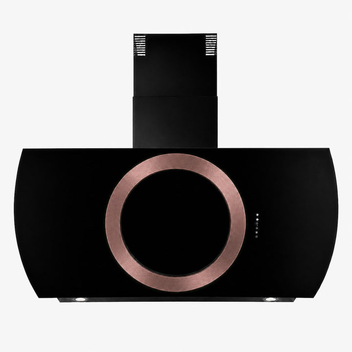 Wall mounted cooker hood with various center ring configurations, gold, copper, gun metal and stainless steel PVD steel finishes. powerful motor and extraction rates, size options 90cm, 100cm and 110cm widths.    