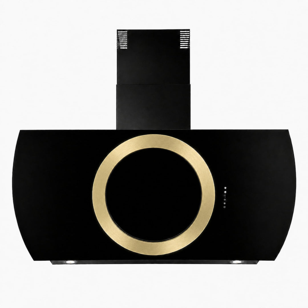 Wall mounted cooker hood with various center ring configurations, gold, copper, gun metal and stainless steel PVD steel finishes. powerful motor and extraction rates, size options 90cm, 100cm and 110cm widths.    