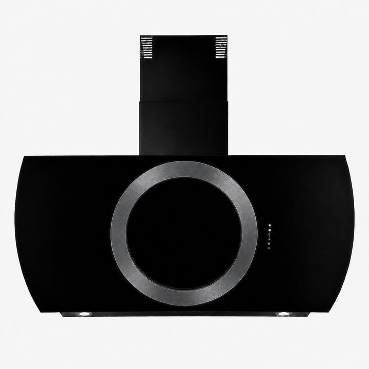 Wall mounted cooker hood with various center ring configurations, gold, copper, gun metal and stainless steel PVD steel finishes. powerful motor and extraction rates, size options 90cm, 100cm and 110cm widths.    