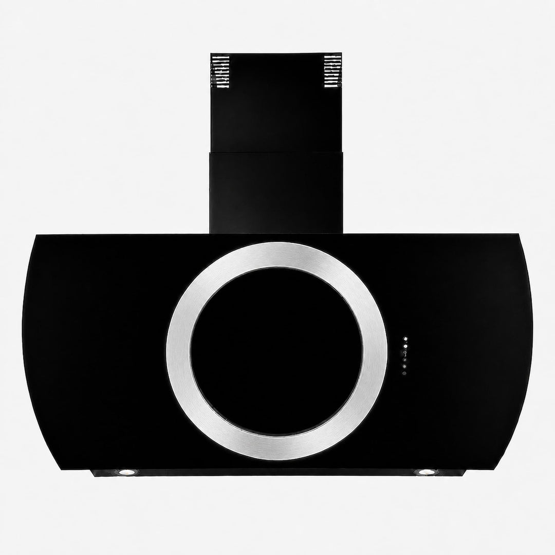 Wall mounted cooker hood with various center ring configurations, gold, copper, gun metal and stainless steel PVD steel finishes. powerful motor and extraction rates, size options 90cm, 100cm and 110cm widths.    