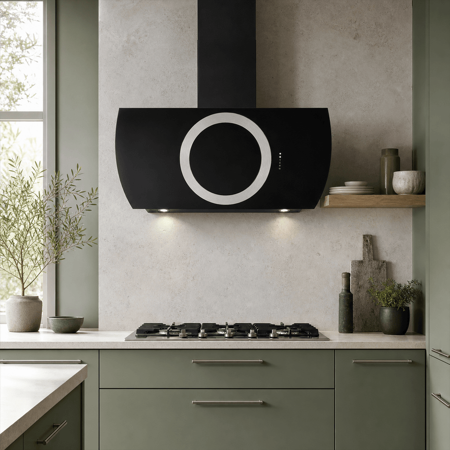 110cm wall mounted cooker black with steel illuminated ring, powerful silent extraction 