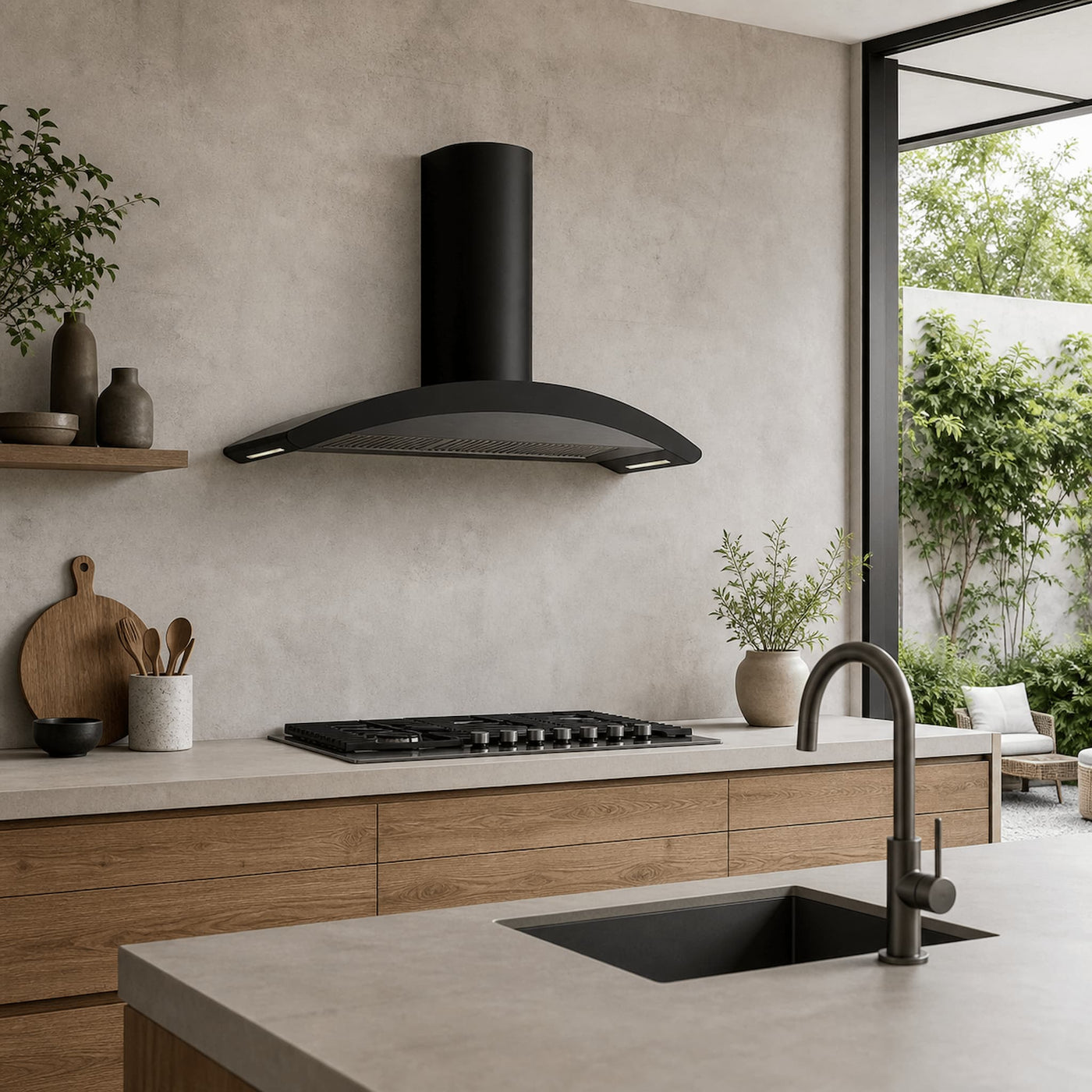 A modern kitchen scene featuring a matte black range hood with gun metal trim mounted above a Foster gun metal gas cooktop, with a matching matte black gooseneck faucet in the foreground and a concrete countertop.