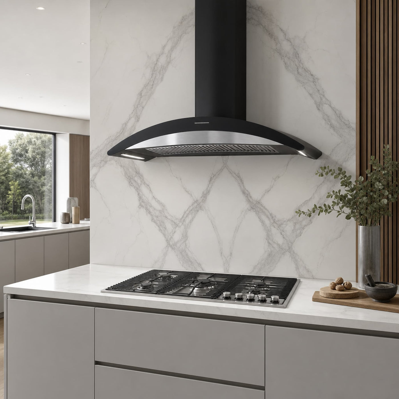 A modern black and stainless steel range hood mounted above a gas cooktop in a contemporary kitchen with white marble backsplash and light gray cabinets.