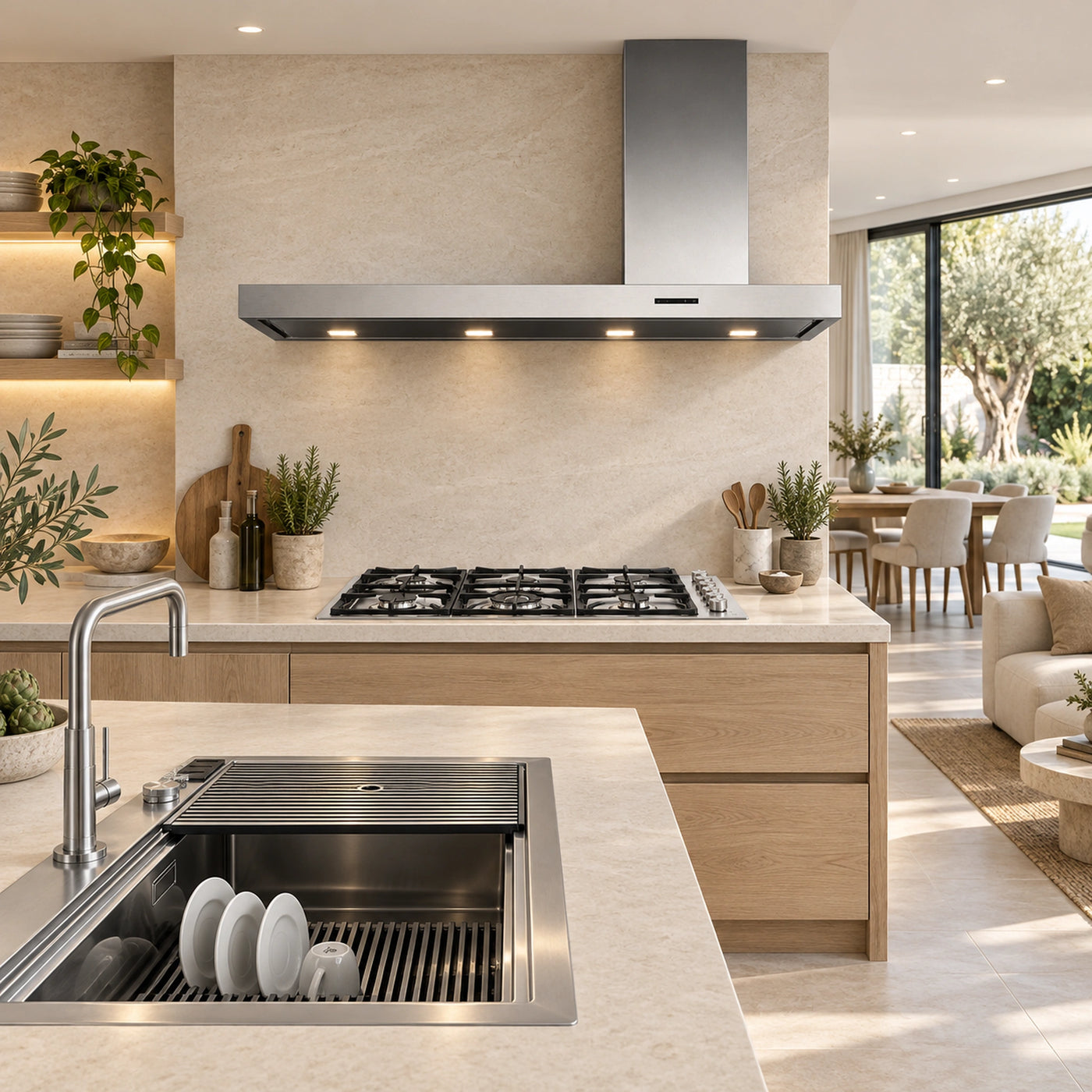 150cm Arezzo wall mounted cooker hood with milano 6 burner gas hob and milano sink 120cm