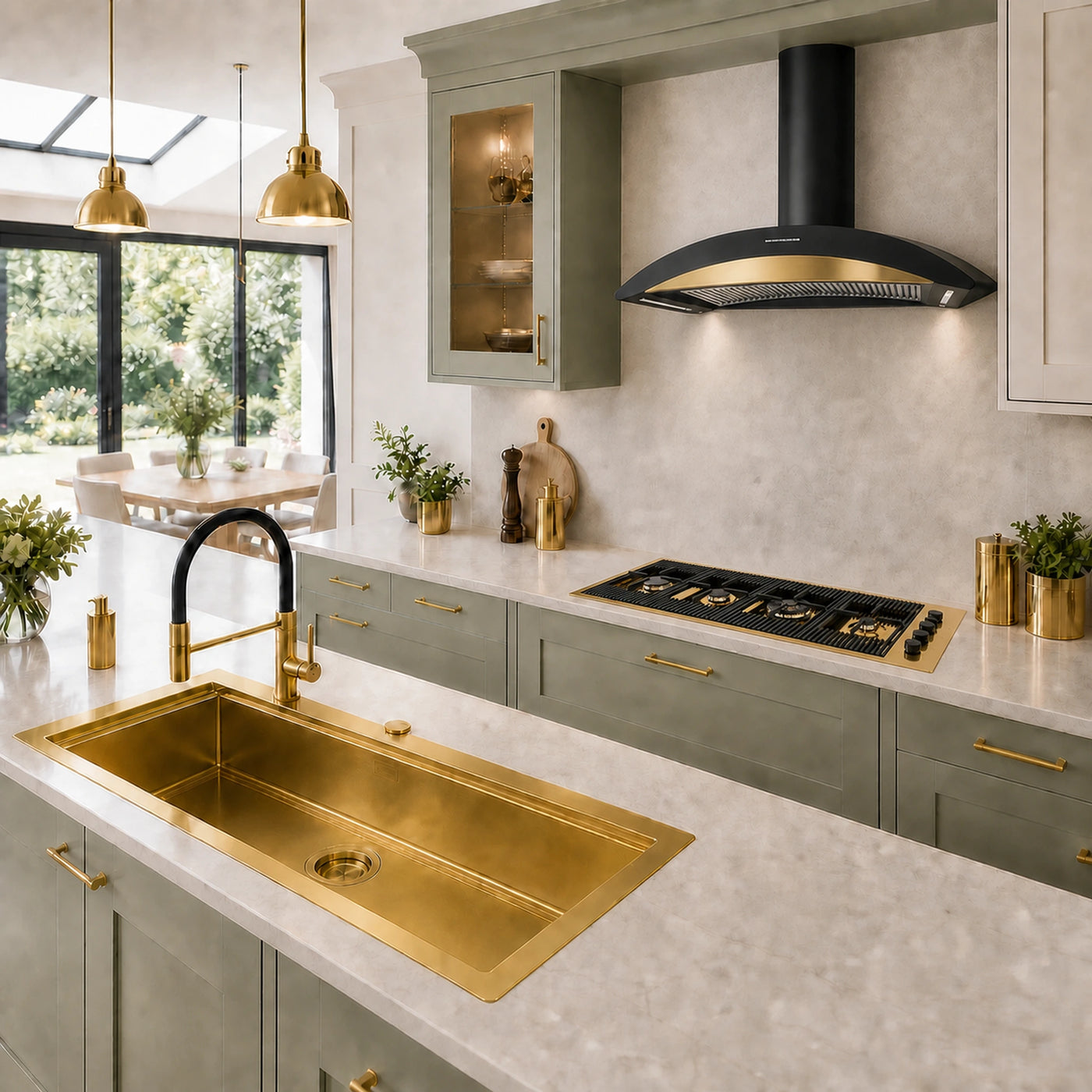 115cm Milano lusso 4 burner gas hob in gold with Monza cooker hood and Milano gold sink