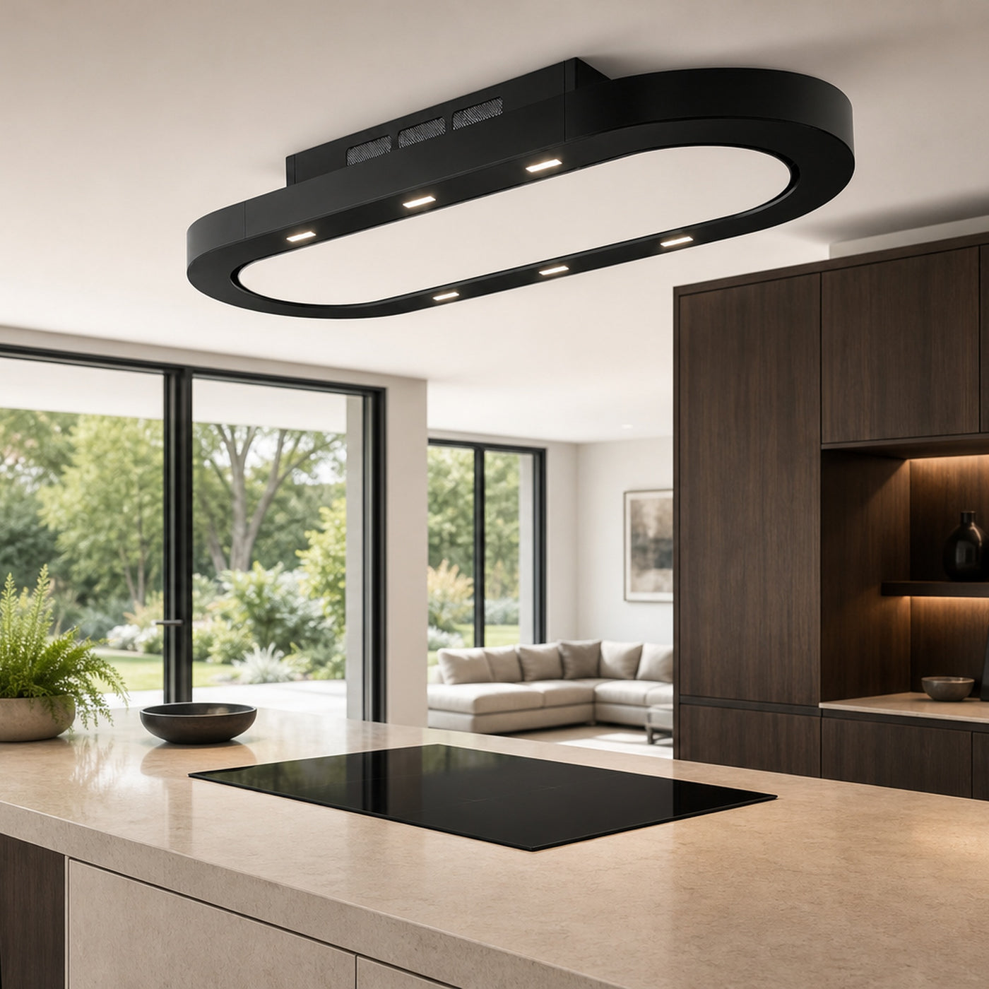 120cm x 50cm black with glass fascia and white glass door panel Capri recirculating cooker hood