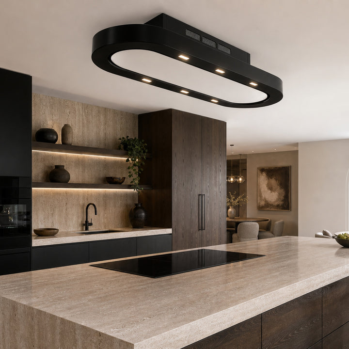 120cm x 50cm black with glass fascia and white glass door panel Capri recirculating cooker hood