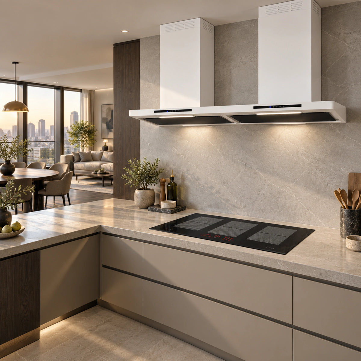 Luxair Linea white twin-motor cooker hood with integrated underside lighting.