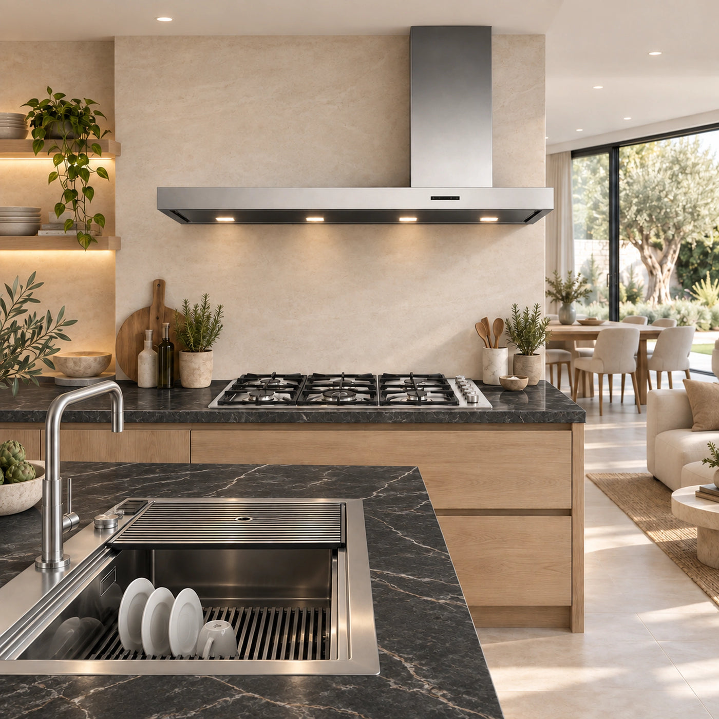 150cm Arezzo wall mounted cooker hood with milano 6 burner gas hob and milano sink 120cm in black granite 