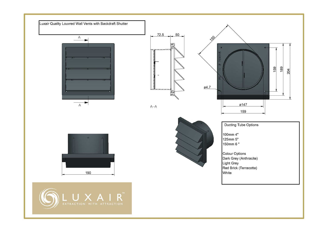 Louvred External Wall Vents - Various Colours - Luxair Cooker Hoods Limited