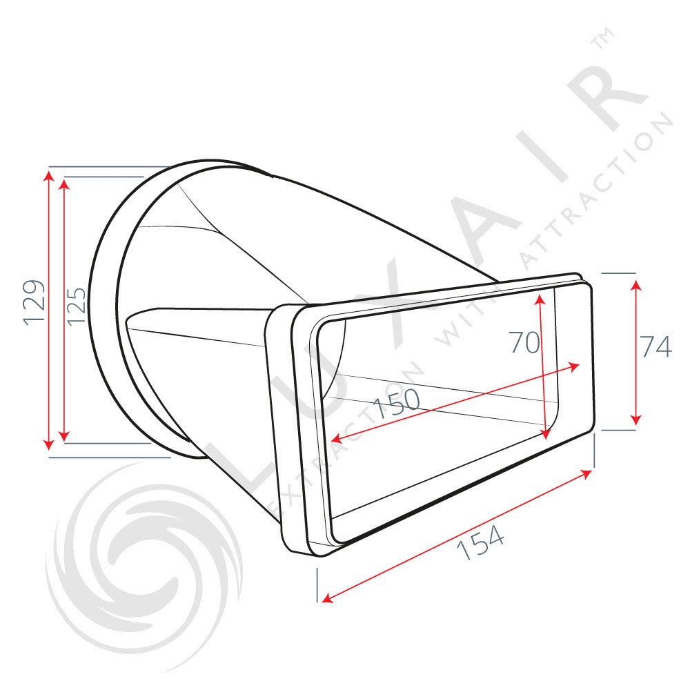 125mm (5") Round To 150mm x 70mm Flat Horizontal Connector - Luxair Cooker Hoods Limited