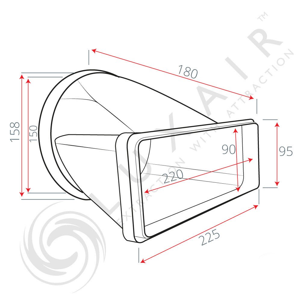 Round To Flat 220mm x 90mm Horizontal Connector - Luxair Cooker Hoods Limited