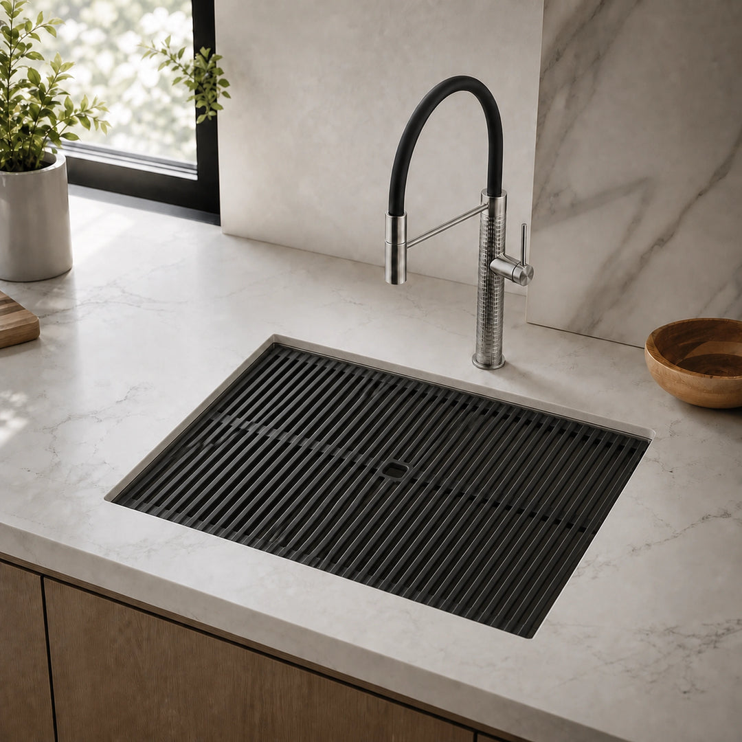 Milanello 47cn undermount sink with milano tap stainless steel and full cover draining board top groove mounted