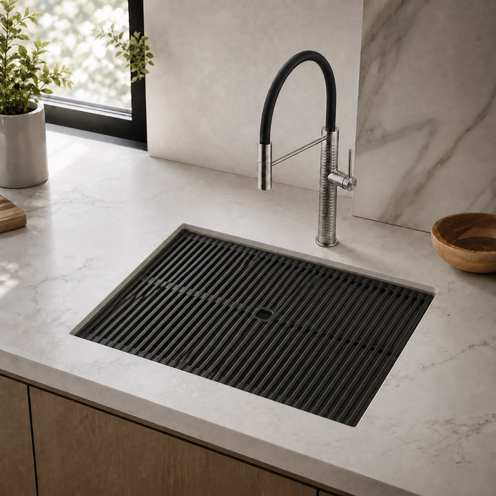 Milanello 47cn undermount sink with milano tap stainless steel and full cover draining board top groove mounted