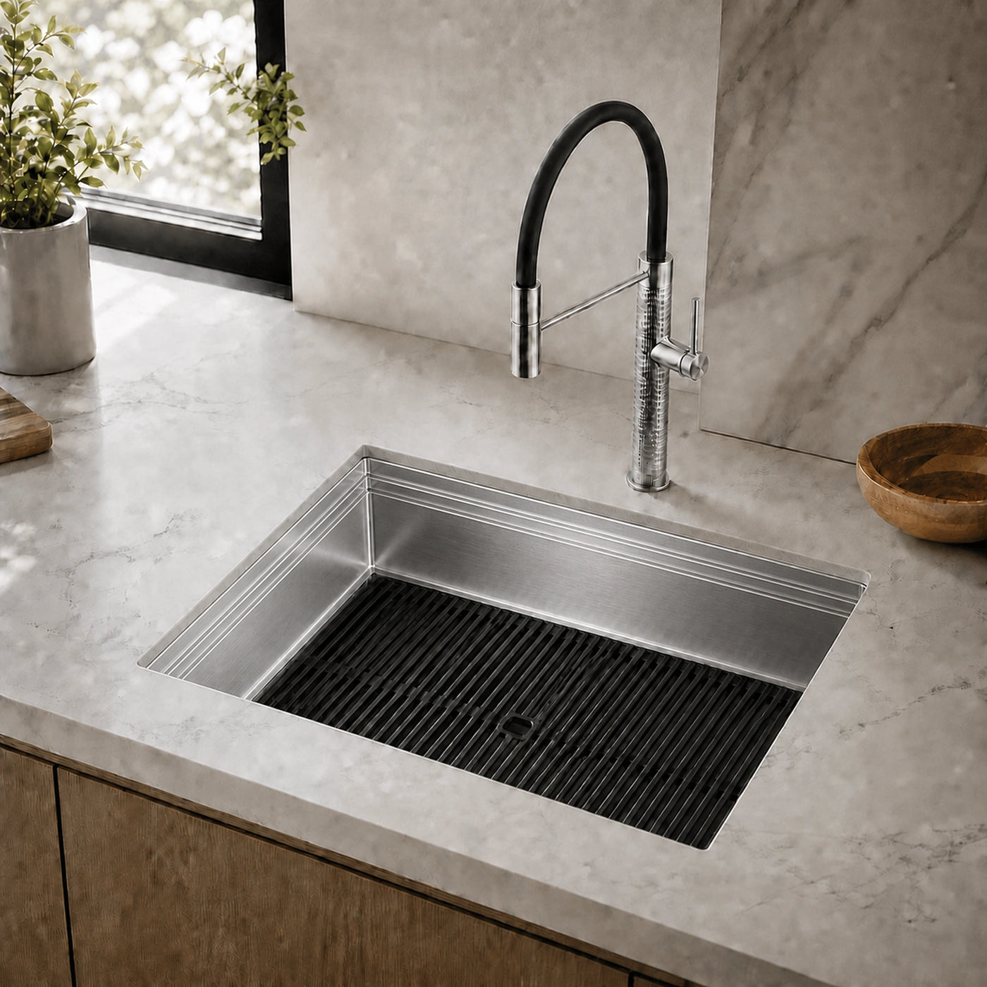 Milanello 47cn undermount sink with milano tap stainless steel and full cover draining board bottom bowl mounted