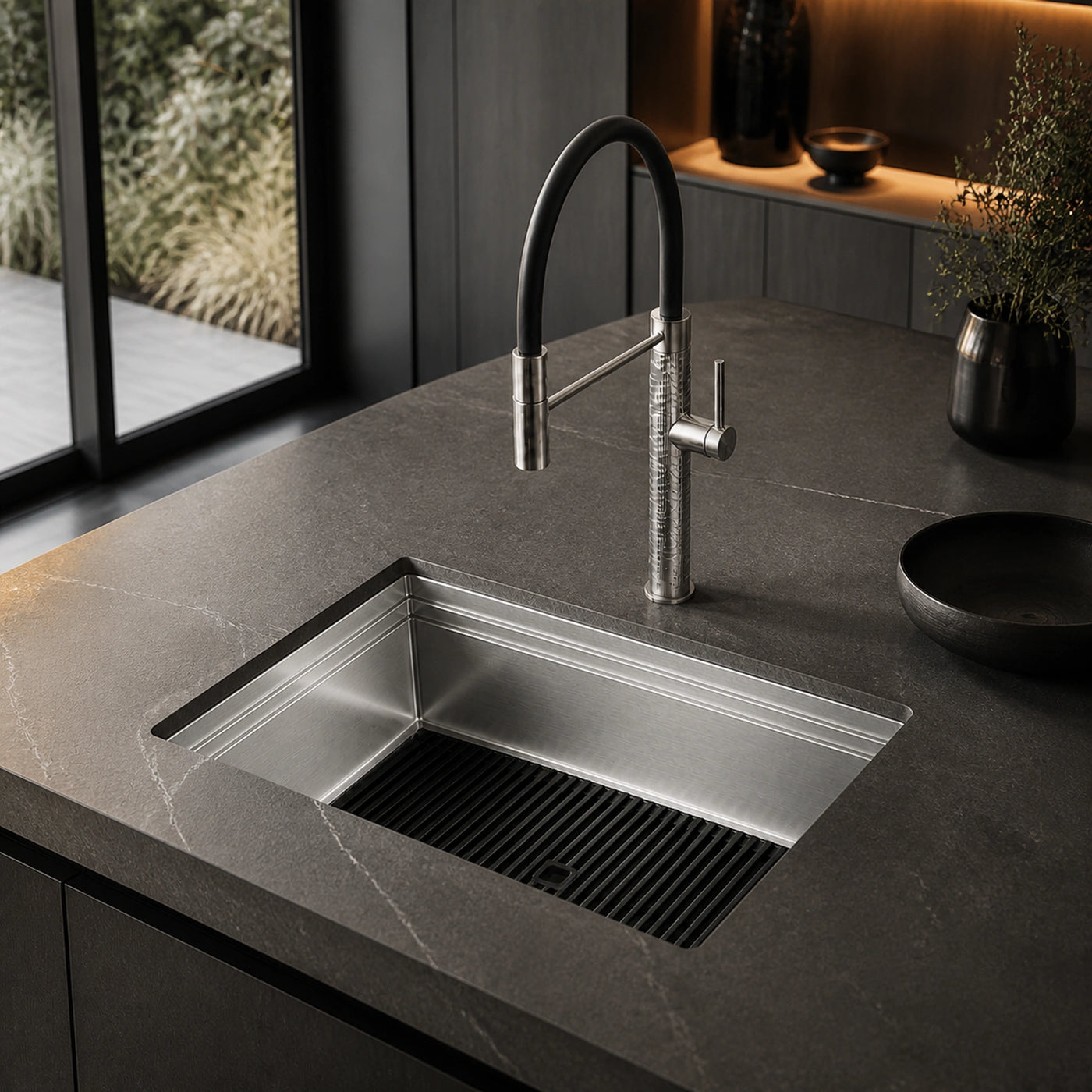 Milanello 47cn undermount sink with milano tap stainless steel in granite worktop