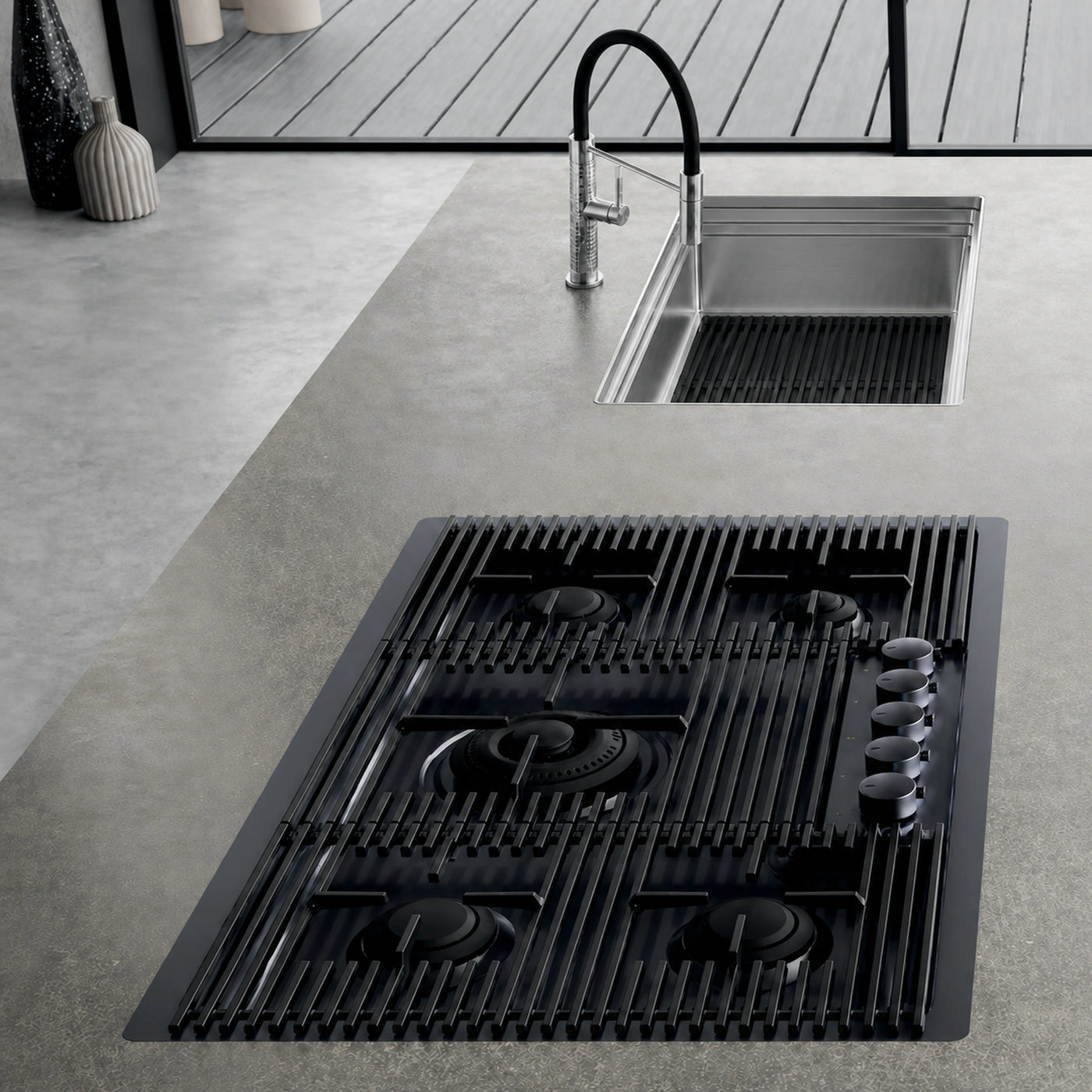 Milanello 47cn undermount sink with milano tap stainless steel paired with the milano 5g gas hob gun metal finish