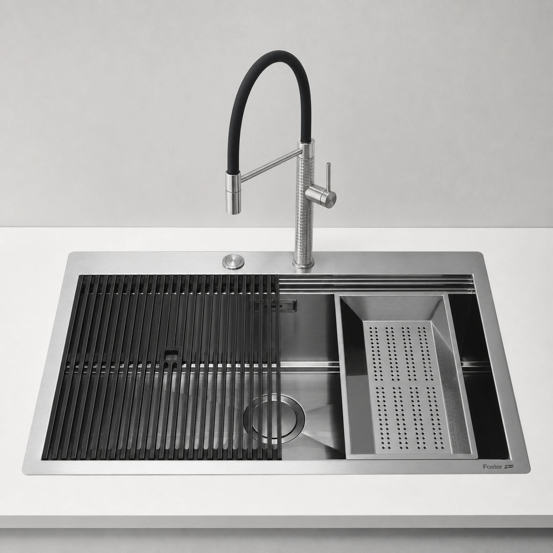 49cm top mounted milanello work station with milano mixer tap and steel colander strainer 