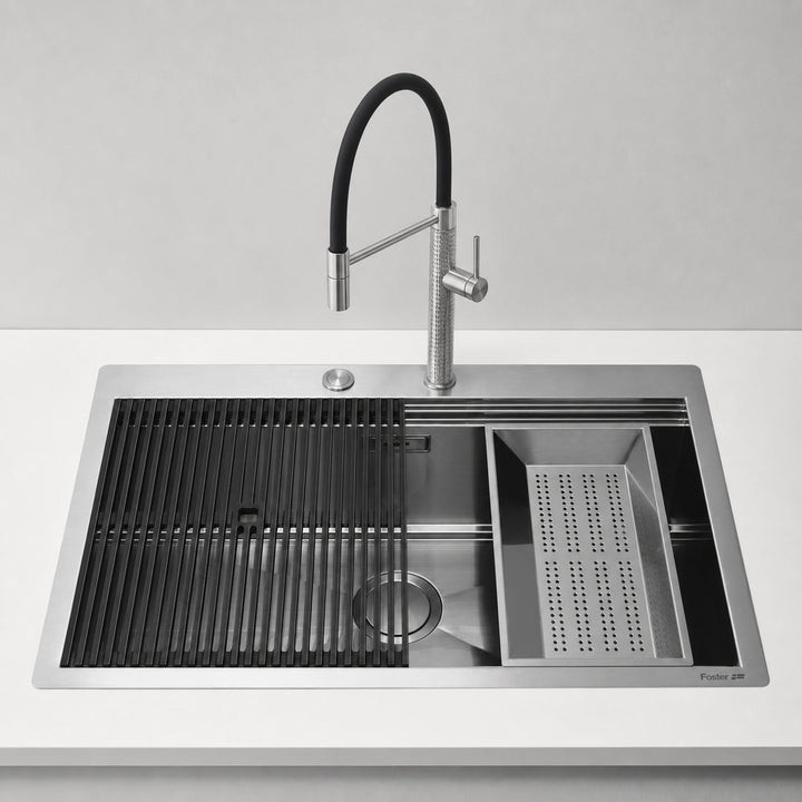 49cm top mounted milanello work station with milano mixer tap and steel colander strainer 