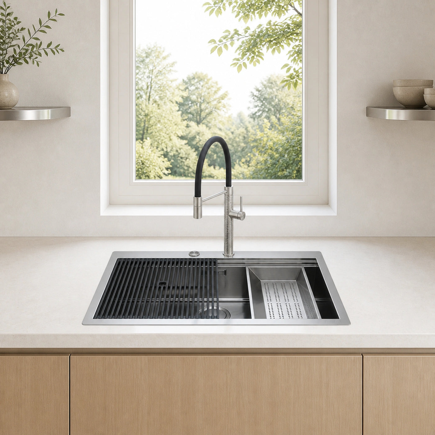 49cm top mounted milanello work station with milano mixer tap and steel colander strainer 