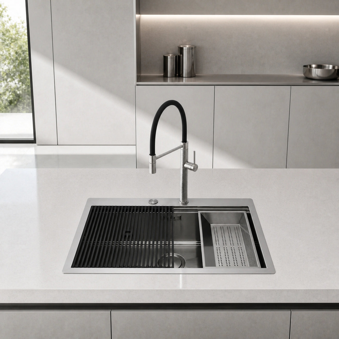 49cm top mounted milanello work station with milano mixer tap and steel colander strainer in island kitchen unit