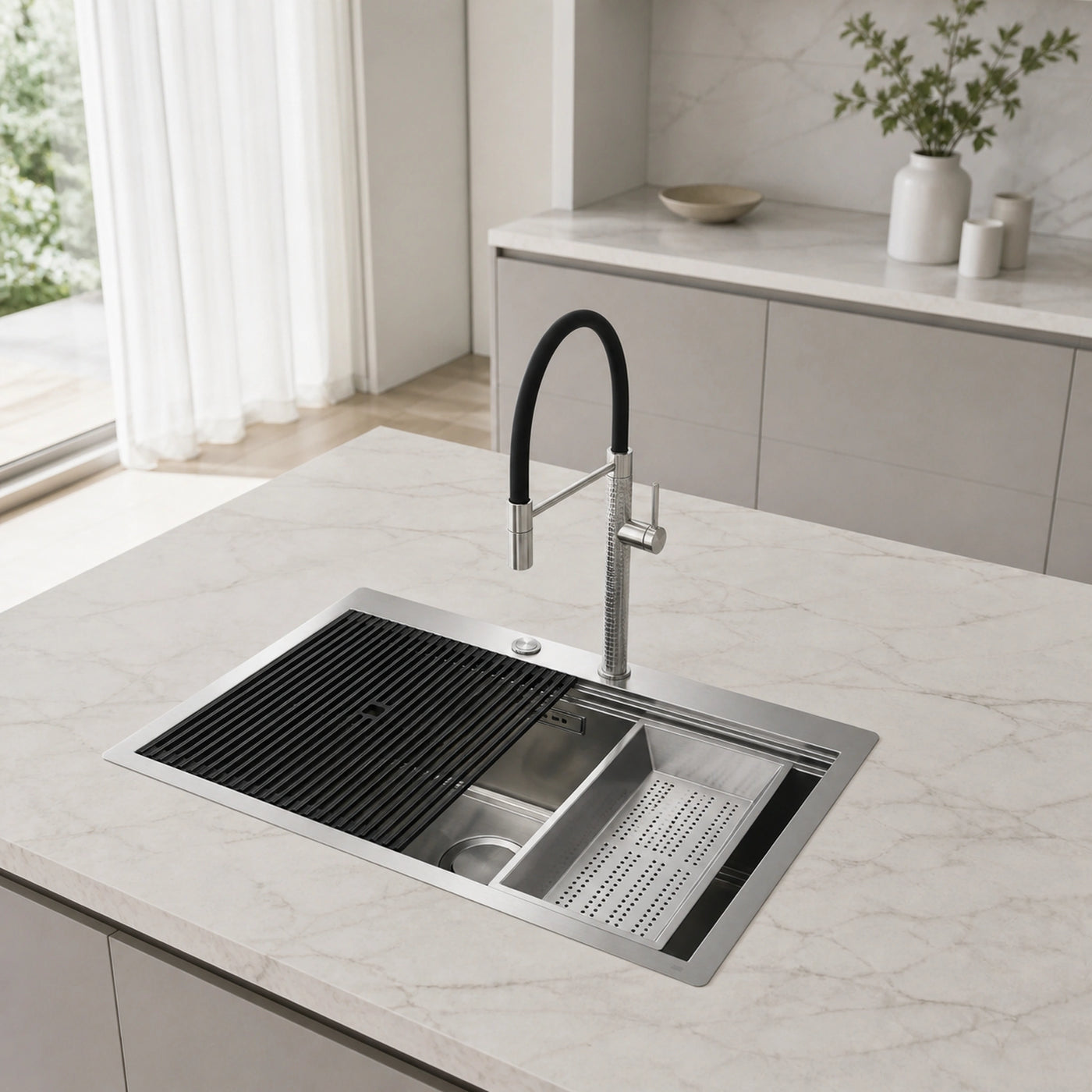 49cm top mounted milanello work station with milano mixer tap and steel colander strainer in island kitchen unit