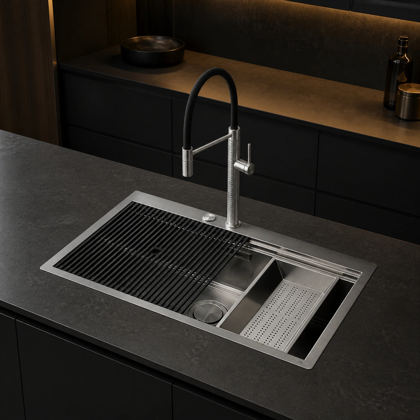 49cm top mounted milanello work station with milano mixer tap and steel colander strainer in dark luxury kitchen