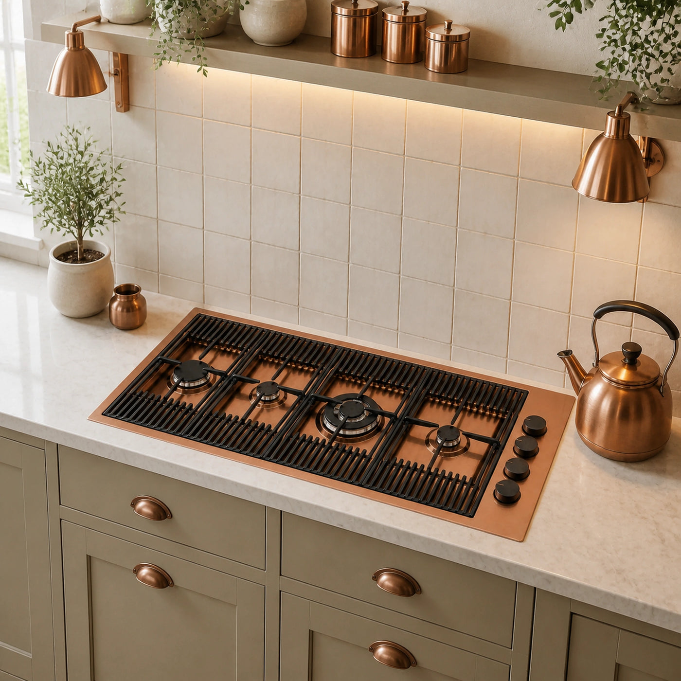 115cm Milano copper PVD steel gas hob with rapid wok burner