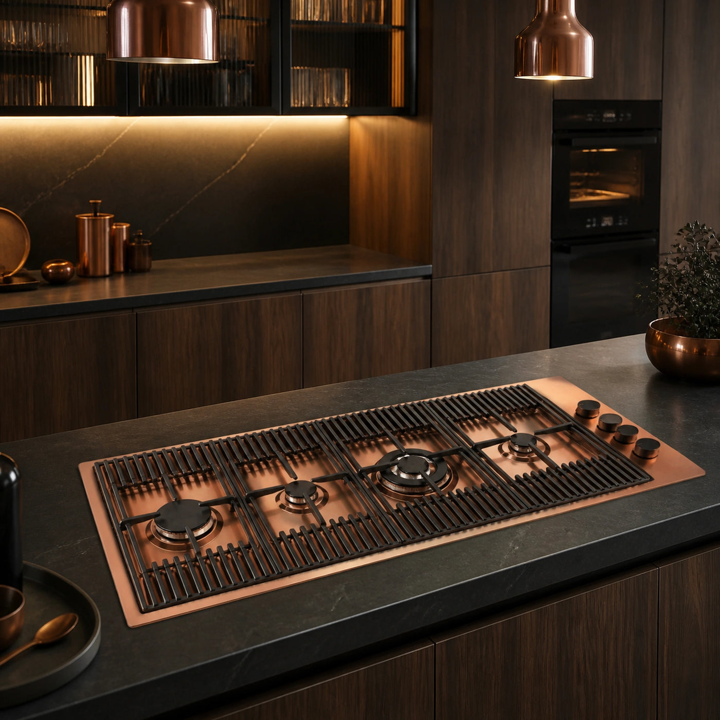 115cm Milano copper PVD steel gas hob with rapid wok burner island unit