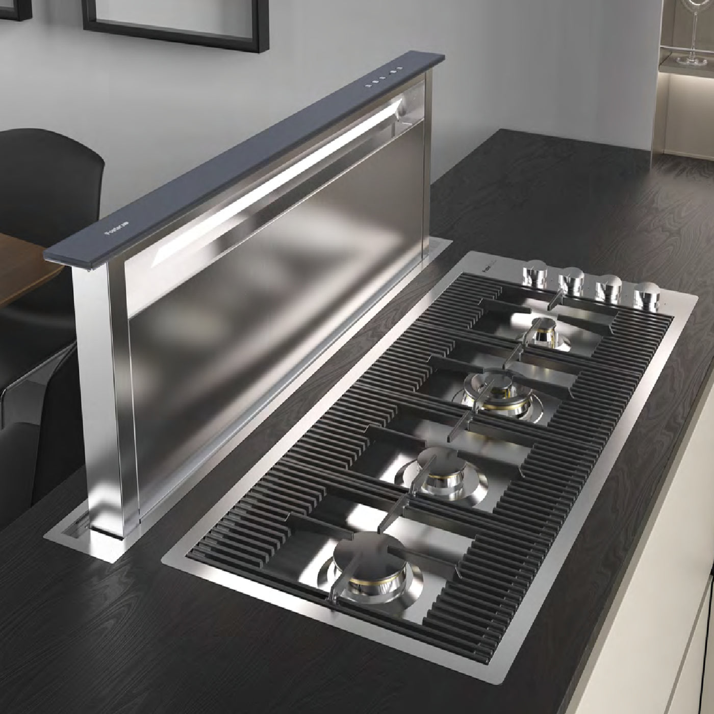 Milano lusso 115cm gas hob with rapid wok burner paired with a downdraft popup extractor 