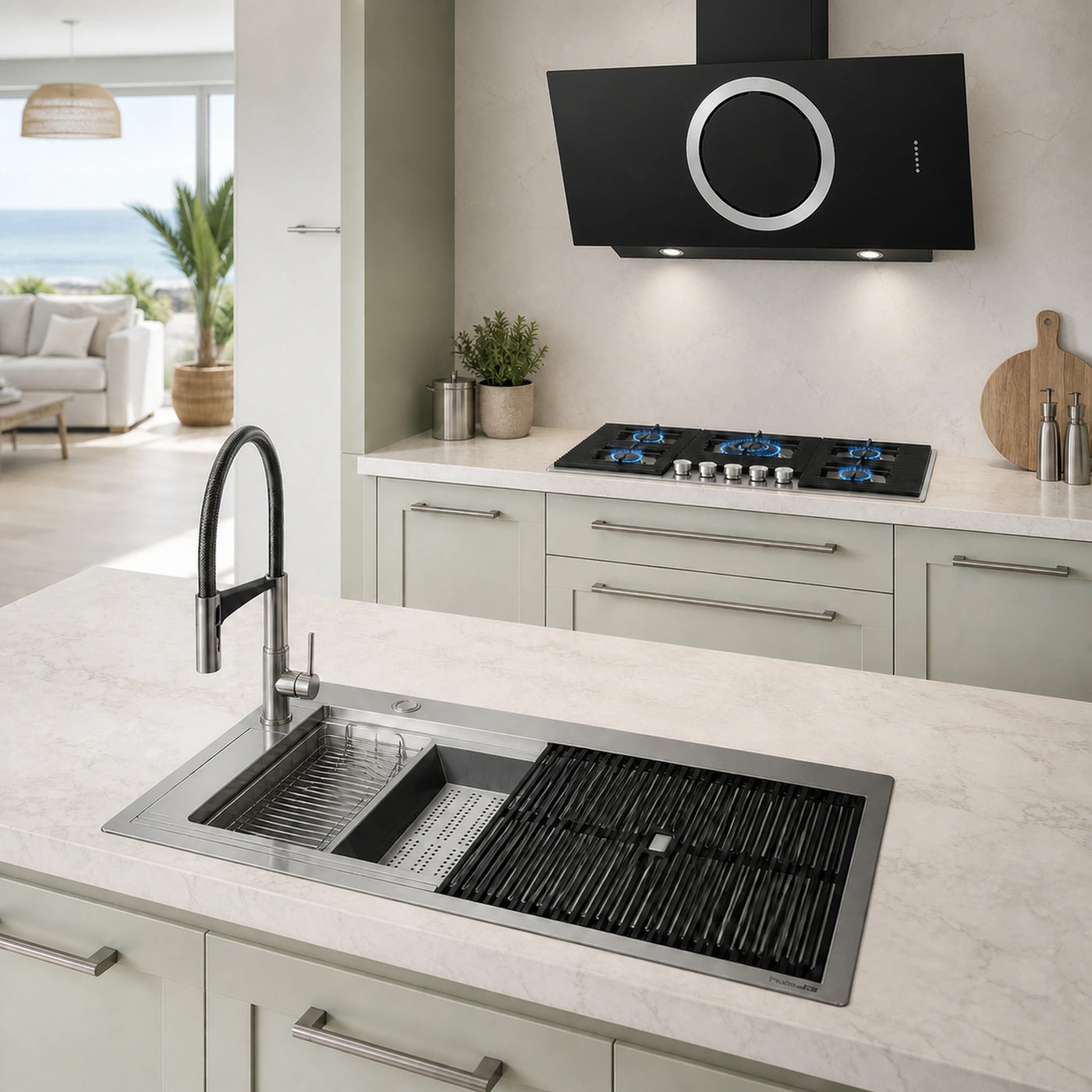 80cm Milano 5 burner gas hob with Monza cooker hood and Milano sink and tap