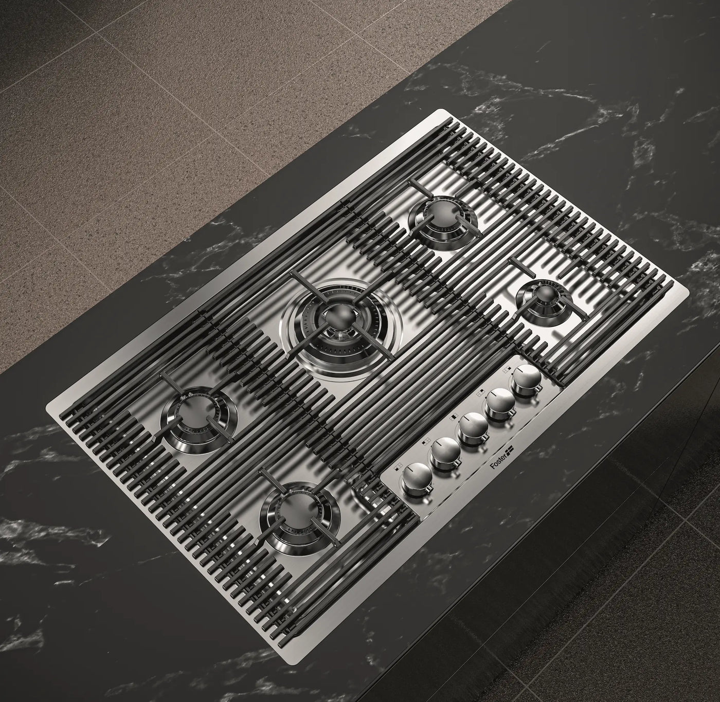 80cm 5 burner gas hob powerful wok burner - cast iron flush pan grilles - Stainless Steel