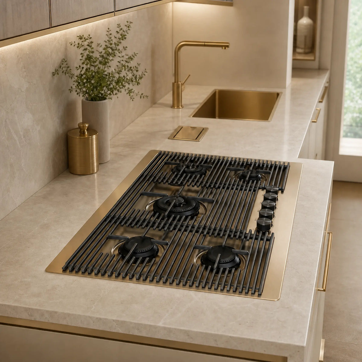 80cm milano gold gas hob with matching milano top mount sink and tap