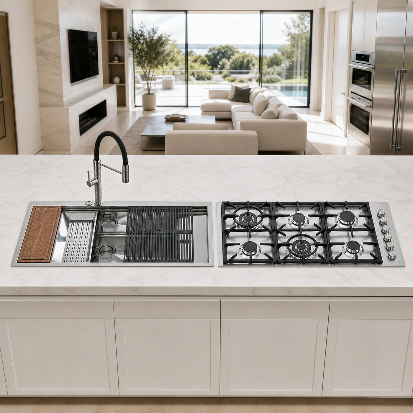 The Foster Milanello 120cm Workstation Sink LHB Stainless Steel With Milano Lusso 115cm Gas Hob
