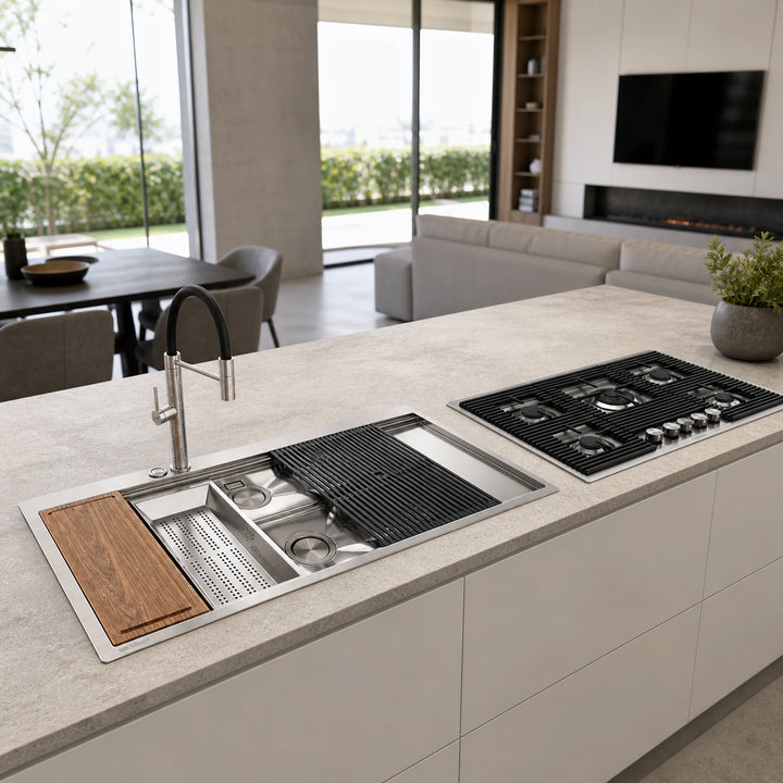 A modern kitchen island featuring a foster Milanello stainless steel sink with a wooden insert chopping board, a matching Milano 80cm gas hob, and a matching black drain grate, set in a bright contemporary kitchen.