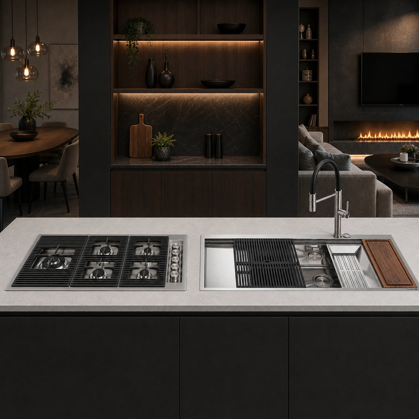 The Foster Milanello 120cm Workstation Sink RHB Stainless Steel With Milano Lusso 87cm Gas Hob