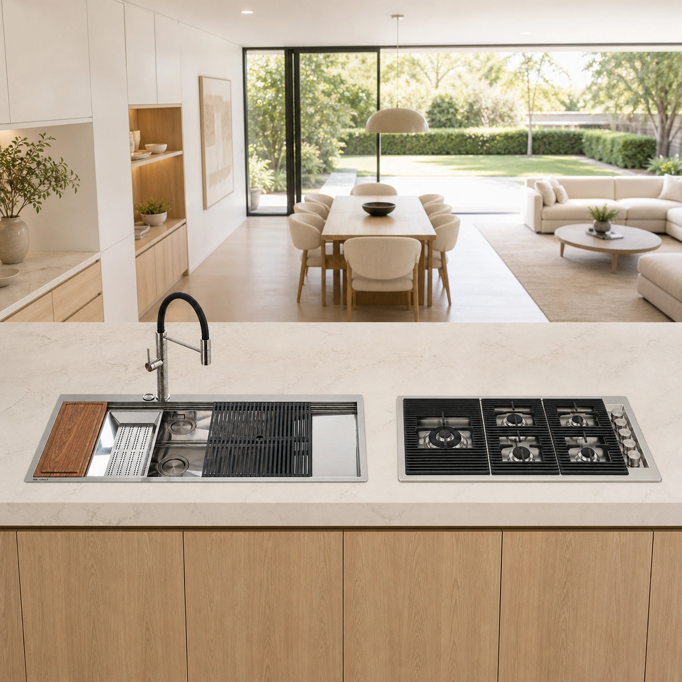 The Foster Milanello 120cm Workstation Sink LHB Stainless Steel With Milano Lusso 87cm Gas Hob