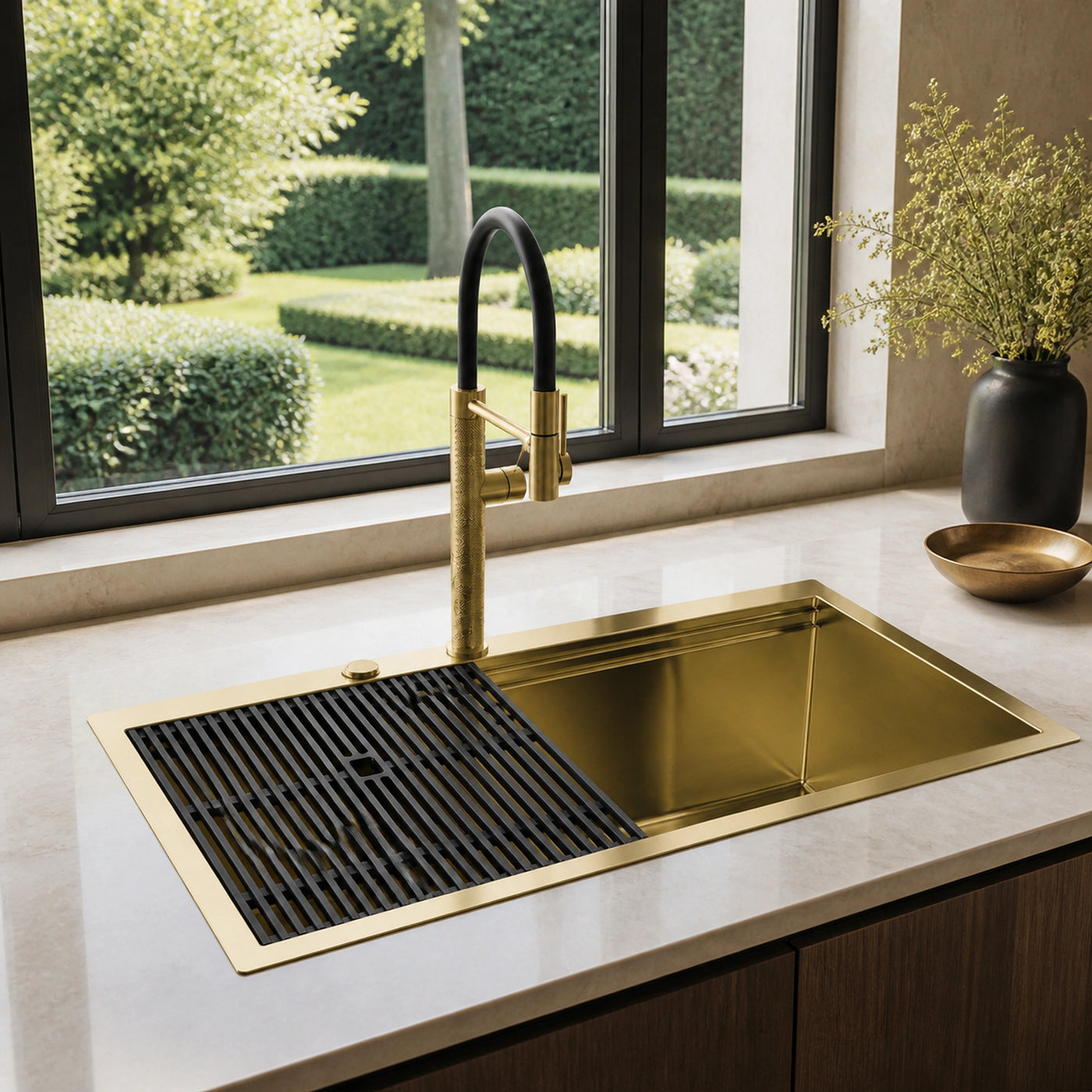 80cm top mounted milano sink stainless steel with the two drainer boards and the milanello luxury gold mixer tap