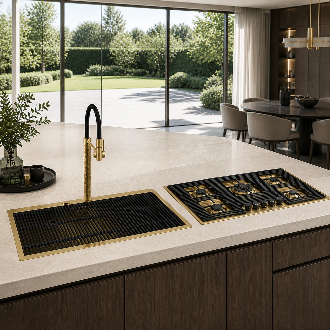 80cm top mounted milano sink gold with the two drainer boards and the milanello luxury gold mixer tap and milano 5 burner gold gas hob