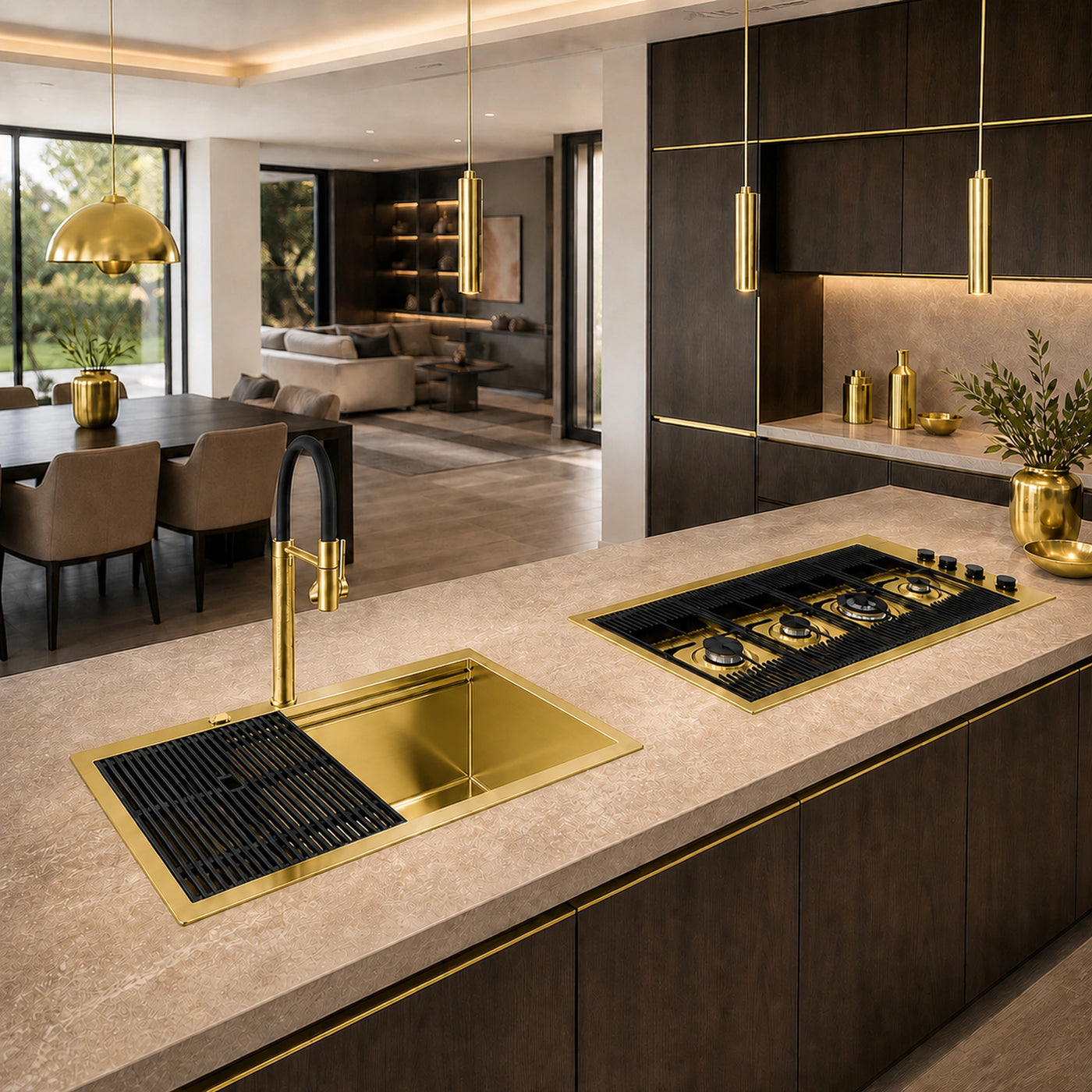80cm top mounted milano sink gold with the two drainer boards and the milanello luxury gold mixer tap and milano 4 burner gold gas hob
